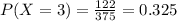 P(X = 3)=\frac{122}{375}=0.325