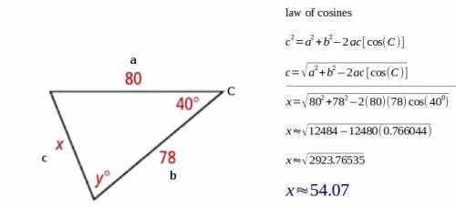 Use the Law of Cosines to find y. Round to the nearest tenth. x = 54.1Please show your work.