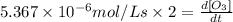 5.367\times 10^{-6} mol/L s\times 2=\frac{d[O_3]}{dt}