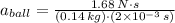 a_{ball} = \frac{1.68\,N\cdot s}{(0.14\,kg)\cdot(2\times 10^{-3}\,s)}