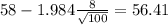 58-1.984\frac{8}{\sqrt{100}}=56.41