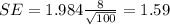SE= 1.984\frac{8}{\sqrt{100}}=1.59