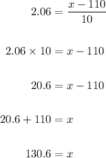 \begin{aligned} 2.06 &=\dfrac{x -110}{10}\\\\2.06 \times 10 &= x -110\\\\20.6 &= x - 110\\\\20.6 + 110 &= x\\\\130.6 &= x \end