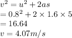 v^2=u^2+2as\\=0.8^2+2\times 1.6\times 5\\=16.64\\v=4.07 m/s