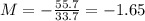 M=-\frac{55.7}{33.7}=-1.65