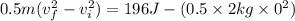 0.5m(v_f^{2}-v_i^{2})= 196 J- (0.5\times 2 kg \times 0^{2})