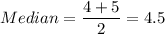 Median=\dfrac{4+5}{2}=4.5