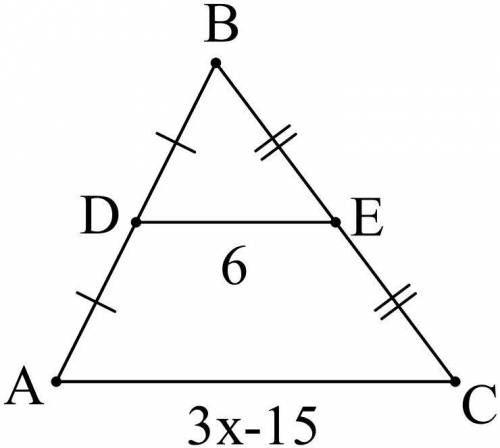1. In triangle ABC, D is the midpoint of BC. If Ac = 3x-15 and DE =6, what is the value of x? A. 6 B