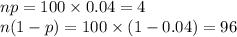 np=100\times0.04=4\\n(1-p)=100\times (1-0.04)=96