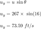 u_y=u\ \sin\theta\\\\u_y=267\times \ \sin(16)\\\\u_y=73.59\ ft/s