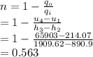 n=1-\frac{q_o}{q_i}\\=1-\frac{u_4-u_1}{h_3-h_2}\\=1-\frac{65903-214.07}{1909.62-890.9}\\=0.563