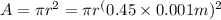 A=\pi r^2=\pi r^(0.45\times 0.001 m)^2