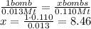 \frac{1 bomb}{0.013 Mt}=\frac{x bombs}{0.110 Mt}\\x=\frac{1\cdot 0.110}{0.013}=8.46
