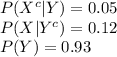 P(X^{c}|Y)=0.05\\P(X|Y^{c})=0.12\\P(Y)=0.93