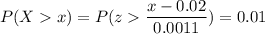 P( X  x) = P( z  \displaystyle\frac{x - 0.02}{0.0011})=0.01