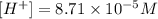 [H^+]=8.71\times 10^{-5}M