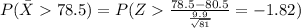P(\bar X 78.5)=P(Z\frac{78.5-80.5}{\frac{9.9}{\sqrt{81}}}=-1.82)