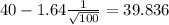 40-1.64\frac{1}{\sqrt{100}}=39.836