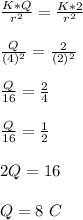 \frac{K*Q}{r^2} = \frac{K*2}{r^2} \\\\\frac{Q}{(4)^2} = \frac{2}{(2)^2}\\\\\frac{Q}{16} =\frac{2}{4}\\\\\frac{Q}{16} =\frac{1}{2}\\\\2Q = 16\\\\Q = 8 \ C