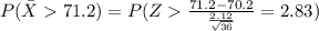 P(\bar X 71.2)=P(Z\frac{71.2-70.2}{\frac{2.12}{\sqrt{36}}}=2.83)