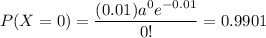P(X =0) = \displaystyle\frac{(0.01)a^0 e^{-0.01}}{0!} = 0.9901