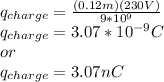 q_{charge}=\frac{(0.12m)(230V)}{9*10^{9} }\\ q_{charge}=3.07*10^{-9}C\\or\\q_{charge}=3.07nC