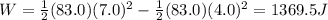 W=\frac{1}{2}(83.0)(7.0)^2-\frac{1}{2}(83.0)(4.0)^2=1369.5 J