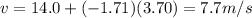 v=14.0+(-1.71)(3.70)=7.7 m/s