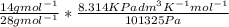 \frac{14 gmol^{-1}}{28 gmol^{-1}} *\frac{8.314KPadm^3K^{-1}mol^{-1}}{101325Pa}