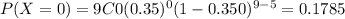P(X=0) = 9C0 (0.35)^0 (1-0.350)^{9-5}=0.1785