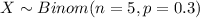 X \sim Binom(n=5, p=0.3)