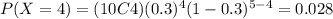 P(X=4)=(10C4)(0.3)^4 (1-0.3)^{5-4}=0.028