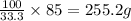 \frac{100}{33.3}\times 85=255.2g