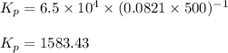 K_p=6.5\times 10^4\times (0.0821\times 500)^{-1}\\\\K_p=1583.43