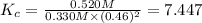 K_c=\frac{0.520M}{0.330 M\times (0.46)^2}=7.447
