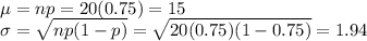 \mu = np = 20(0.75 ) = 15\\\sigma = \sqrt{np(1-p)} = \sqrt{20(0.75)(1-0.75)} = 1.94