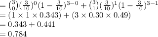 ={3\choose 0}(\frac{3}{10})^{0}(1-\frac{3}{10})^{3-0}+{3\choose 1}(\frac{3}{10})^{1}(1-\frac{3}{10})^{3-1}\\=(1\times1\times0.343)+(3\times0.30\times0.49)\\=0.343+0.441\\=0.784
