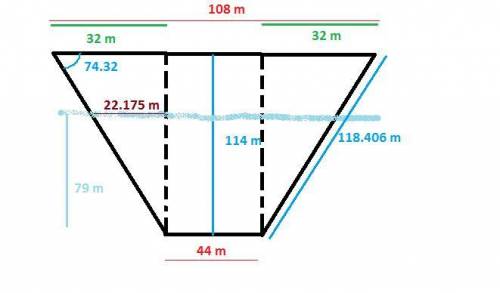 The face of a dam is shaped like an isosceles trapezoid with a lower base of 44 meters, an upper bas