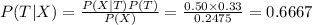 P(T|X)=\frac{P(X|T)P(T)}{P(X)}=\frac{0.50\times0.33}{0.2475}=0.6667