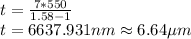 t = \frac{7*550}{1.58-1}\\t = 6637.931nm \approx 6.64\mu m