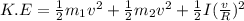 K.E = \frac{1}{2}m_1v^2+\frac{1}{2} m_2v^2+\frac{1}{2}I(\frac{v}{R})^2