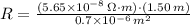 R =\frac{(5.65\times 10^{-8}\,\Omega\cdot m)\cdot (1.50\,m)}{0.7\times 10^{-6}\,m^{2}}