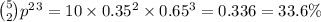 \binom{5}{2}p^2 \timesq^3=10\times0.35^2\times0.65^3 = 0.336 = 33.6\%