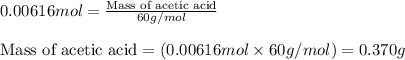 0.00616mol=\frac{\text{Mass of acetic acid}}{60g/mol}\\\\\text{Mass of acetic acid}=(0.00616mol\times 60g/mol)=0.370g