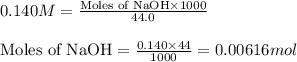 0.140M=\frac{\text{Moles of NaOH}\times 1000}{44.0}\\\\\text{Moles of NaOH}=\frac{0.140\times 44}{1000}=0.00616mol