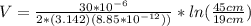 V =\frac{30*10^{-6}}{2* (3.142)(8.85*10^{-12}))}*ln(\frac{45cm}{19cm} )