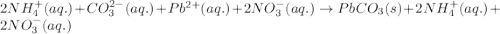 2NH_4^{+}(aq.)+CO_3^{2-}(aq.)+Pb^{2+}(aq.)+2NO_3^{-}(aq.)\rightarrow PbCO_3(s)+2NH_4^+(aq.)+2NO_3^-(aq.)