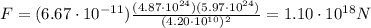F=(6.67\cdot 10^{-11})\frac{(4.87\cdot 10^{24})(5.97\cdot 10^{24})}{(4.20\cdot 10^{10})^2}=1.10\cdot 10^{18}N
