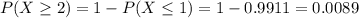 P(X \geq 2) = 1 - P(X \leq 1) = 1 - 0.9911 = 0.0089