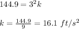 144.9=3^2k\\\\k=\frac{144.9}{9}=16.1\ ft/s^2
